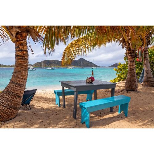 Caribbean-Grenada-Sandy Island Picnic table and hammock on beach